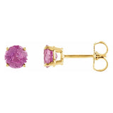 4 mm pink tourmaline solitaire stud earrings in solid 14K yellow gold, front and side view