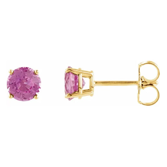 5 mm pink tourmaline solitaire stud earrings in solid 14K yellow gold, front and side view