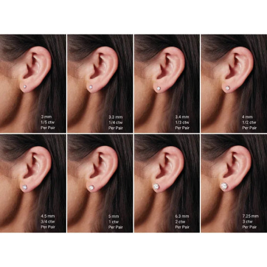Size comparison chart showing stud earrings from 3 mm to 7.25 mm on the ear