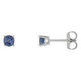 4 mm tanzanite solitaire stud earrings in solid 14K white gold, front and side view