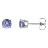5 mm tanzanite solitaire stud earrings in solid 14K white gold, front and side view