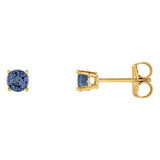 4 mm tanzanite solitaire stud earrings in solid 14K yellow gold, front and side view