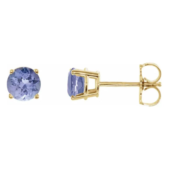 5 mm tanzanite solitaire stud earrings in solid 14K yellow gold, front and side view